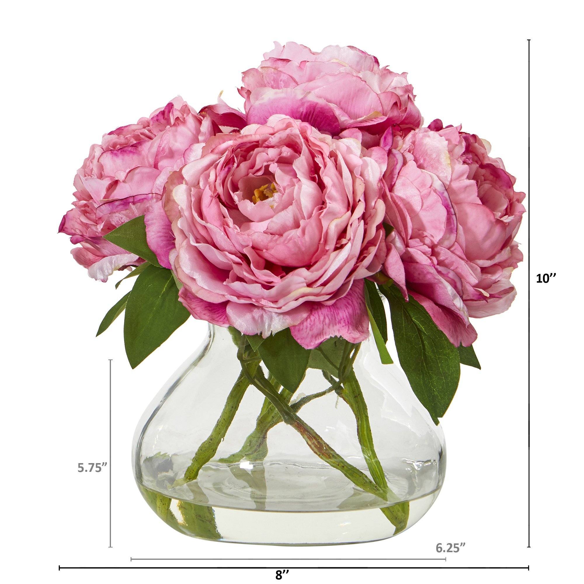 10 Inch Pink Peony Premade in Square Glass Pot