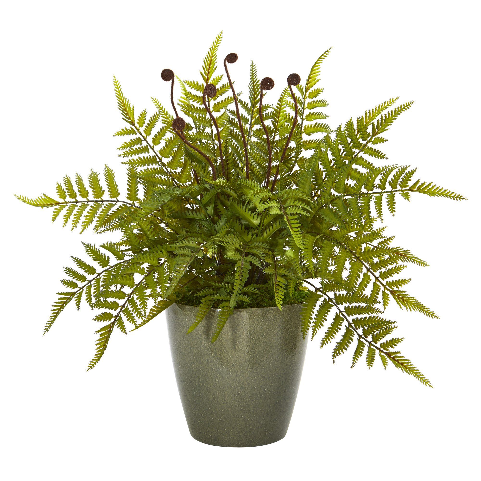 20” Fern Artificial Plant In Olive Green Planter Nearly Natural