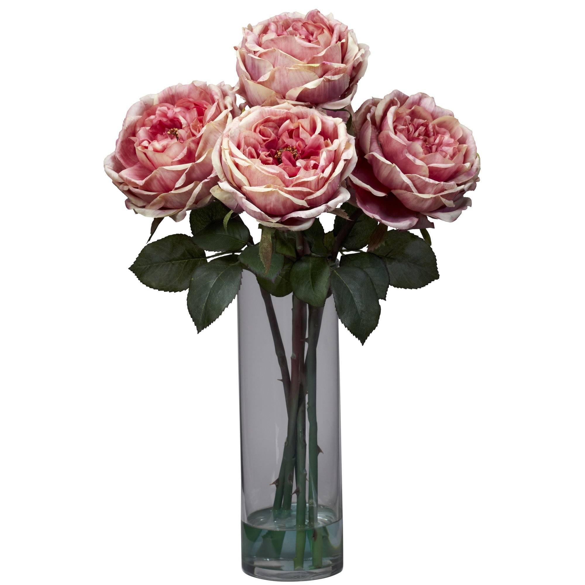 Fancy Rose w/Cylinder Vase Silk Flower Arrangement 1247 Nearly Natural