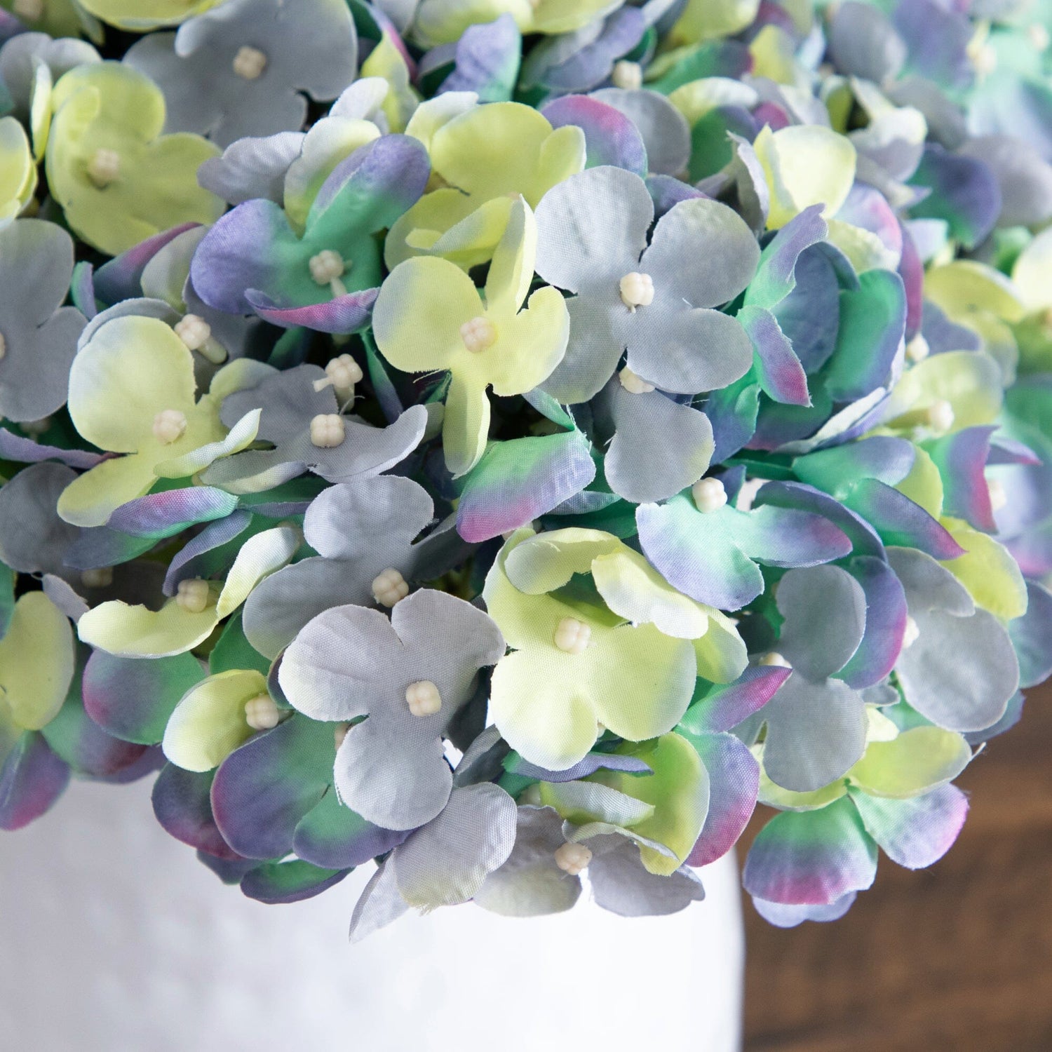 11” Artificial Hydrangea Arrangement in White Metal Vase