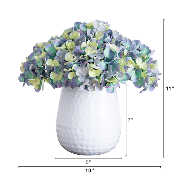 11” Artificial Hydrangea Arrangement in White Metal Vase