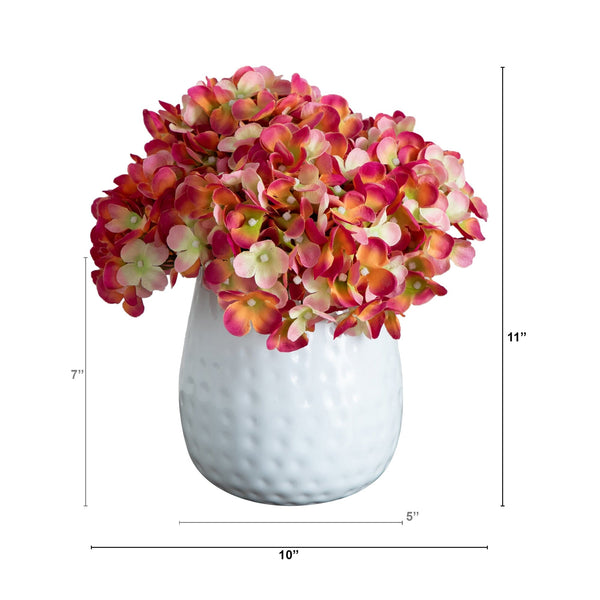 11” Artificial Hydrangea Arrangement in White Metal Vase