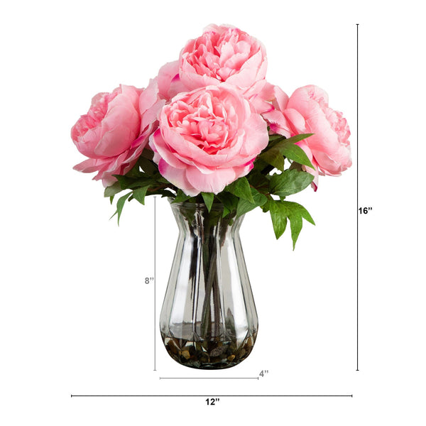 16" Artificial Pink Peony Arrangement in Glass Vase