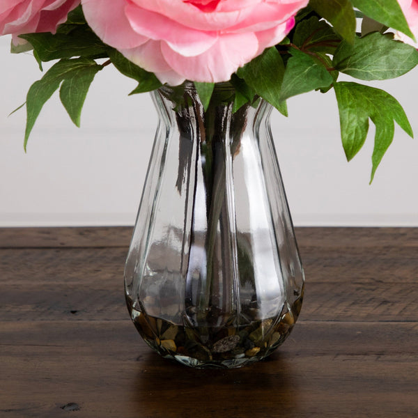 16" Artificial Pink Peony Arrangement in Glass Vase