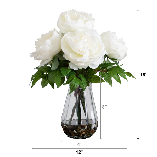 16" Artificial Pink Peony Arrangement in Glass Vase