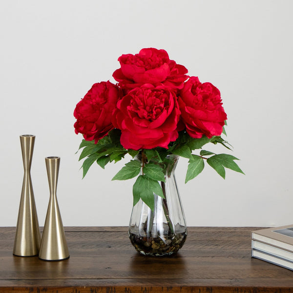 16" Artificial Pink Peony Arrangement in Glass Vase