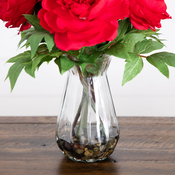 16" Artificial Pink Peony Arrangement in Glass Vase