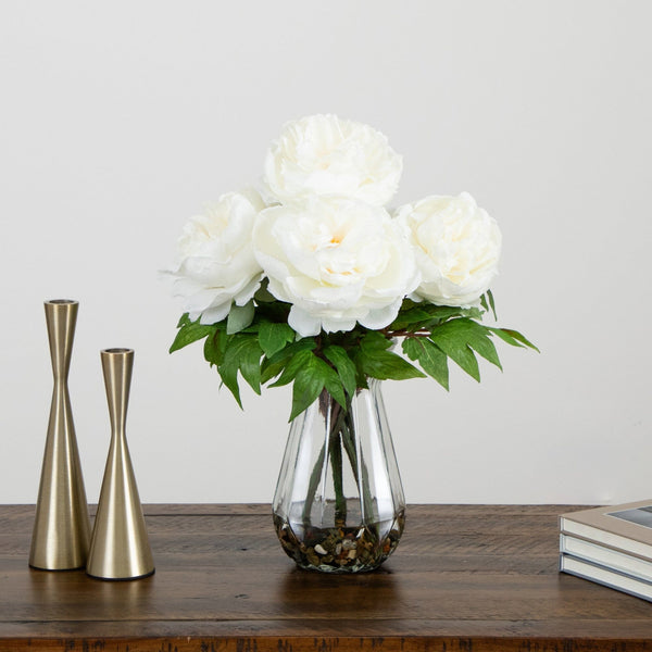 16" Artificial Pink Peony Arrangement in Glass Vase