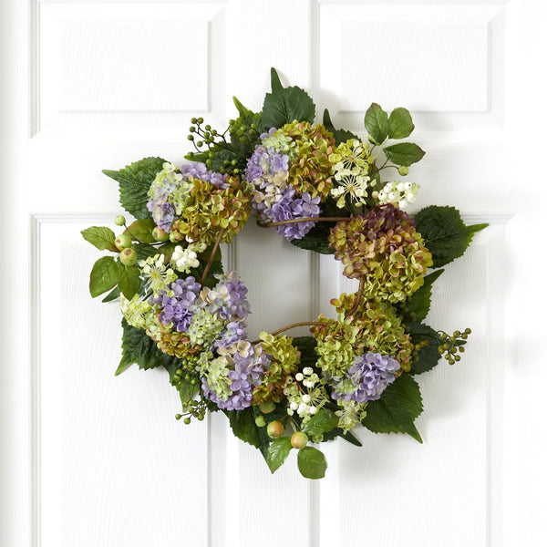 22” Artificial Hydrangea Silk Wreath Mixed Greens