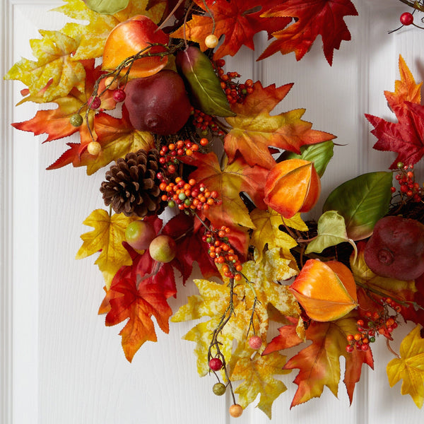 24” Autumn Maple Leaf and Berries Fall Artificial Wreath