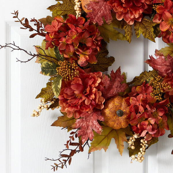 24” Peony, Hydrangea and Pumpkin Fall Artificial Wreath