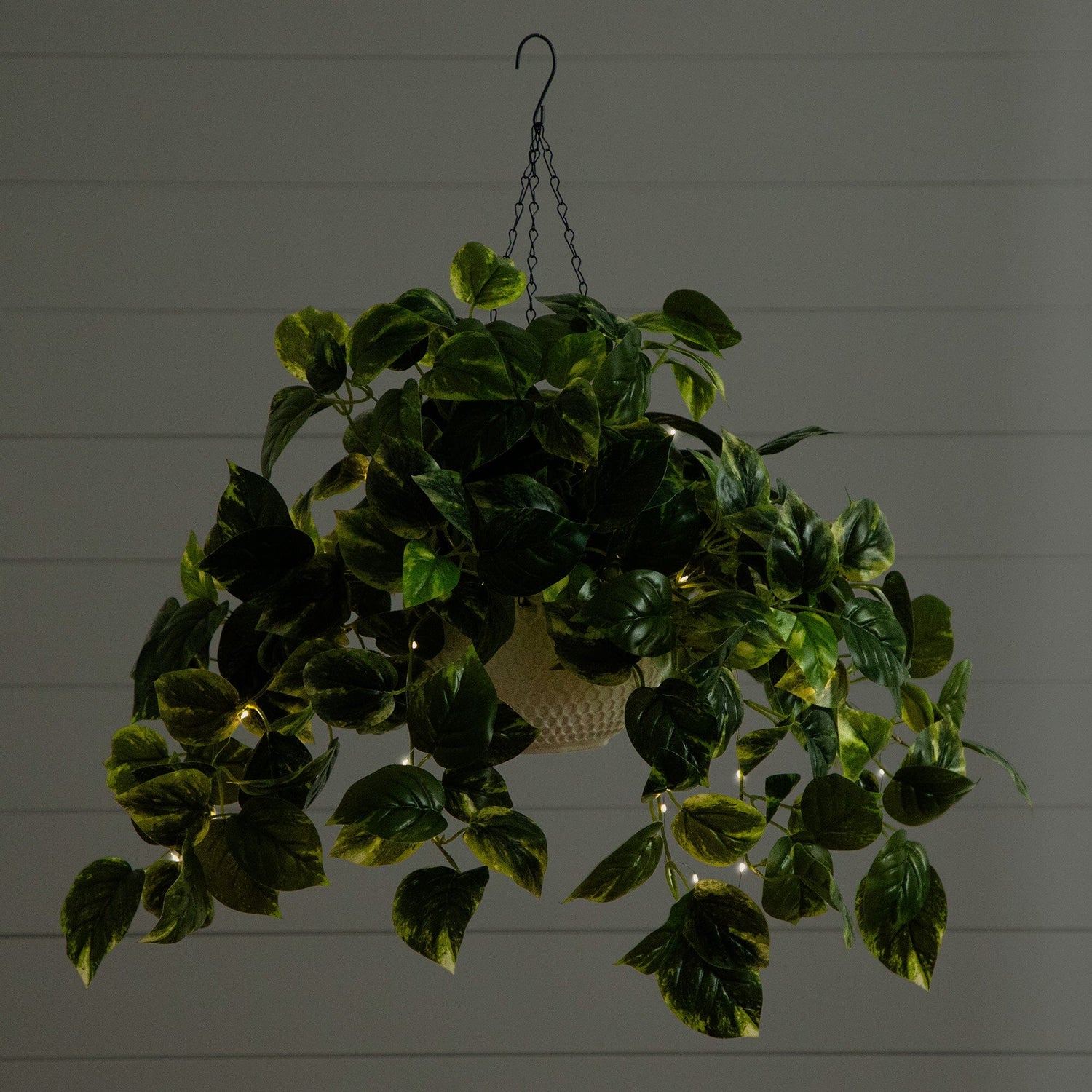 24”UV Resistant Artificial Pothos with 50 Warm White LED Lights in White Hanging Basket