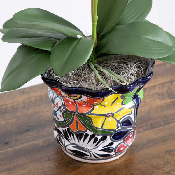 26” Artificial Double Orchid Arrangement in Handmade Mexican Talavera Ceramic Planter