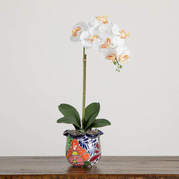 26” Artificial Orchid Arrangement in Handmade Mexican Talavera Ceramic Planter