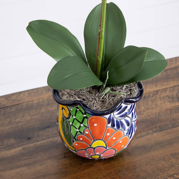 26” Artificial Orchid Arrangement in Handmade Mexican Talavera Ceramic Planter