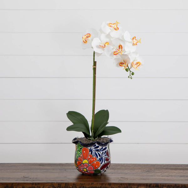 26” Artificial Orchid Arrangement in Handmade Mexican Talavera Ceramic Planter