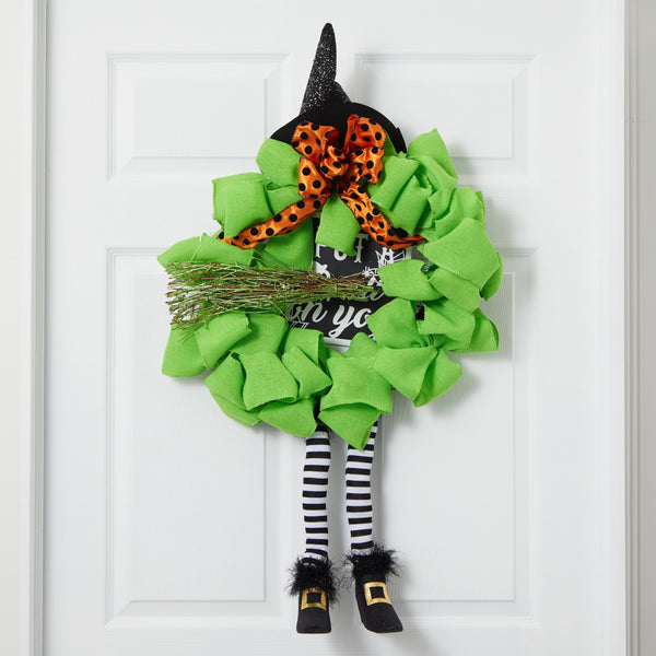 26" Halloween Witch Broom and Hat Mesh Wreath