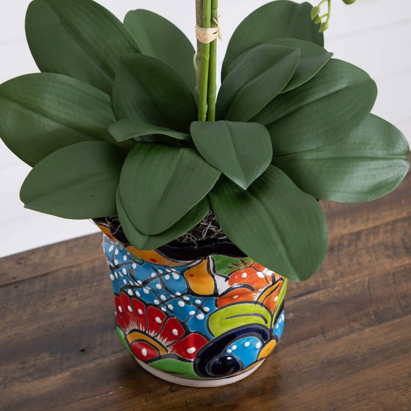 27” Artificial Triple Orchid Arrangement in Handmade Mexican Talavera Ceramic Planter