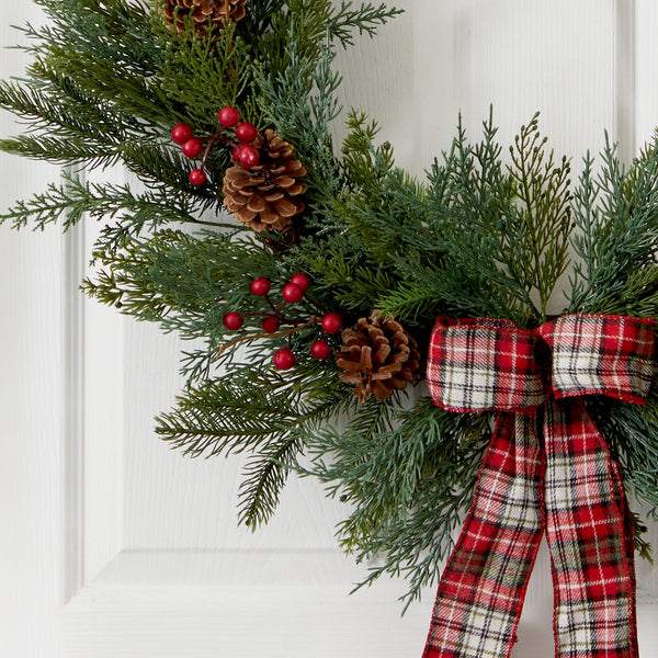 28” Pine and Pinecone Artificial Christmas Wreath with Decorative Bow