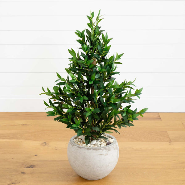 3’ Olive Cone Topiary Artificial Tree in Sand Stone Planter (Indoor/Outdoor)