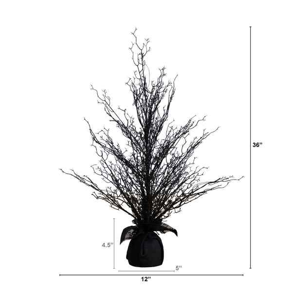 3’ Pre-Lit Halloween Black Twig Artificial Fall Tree in Burlap Planter with 52 Warm White LED Lights