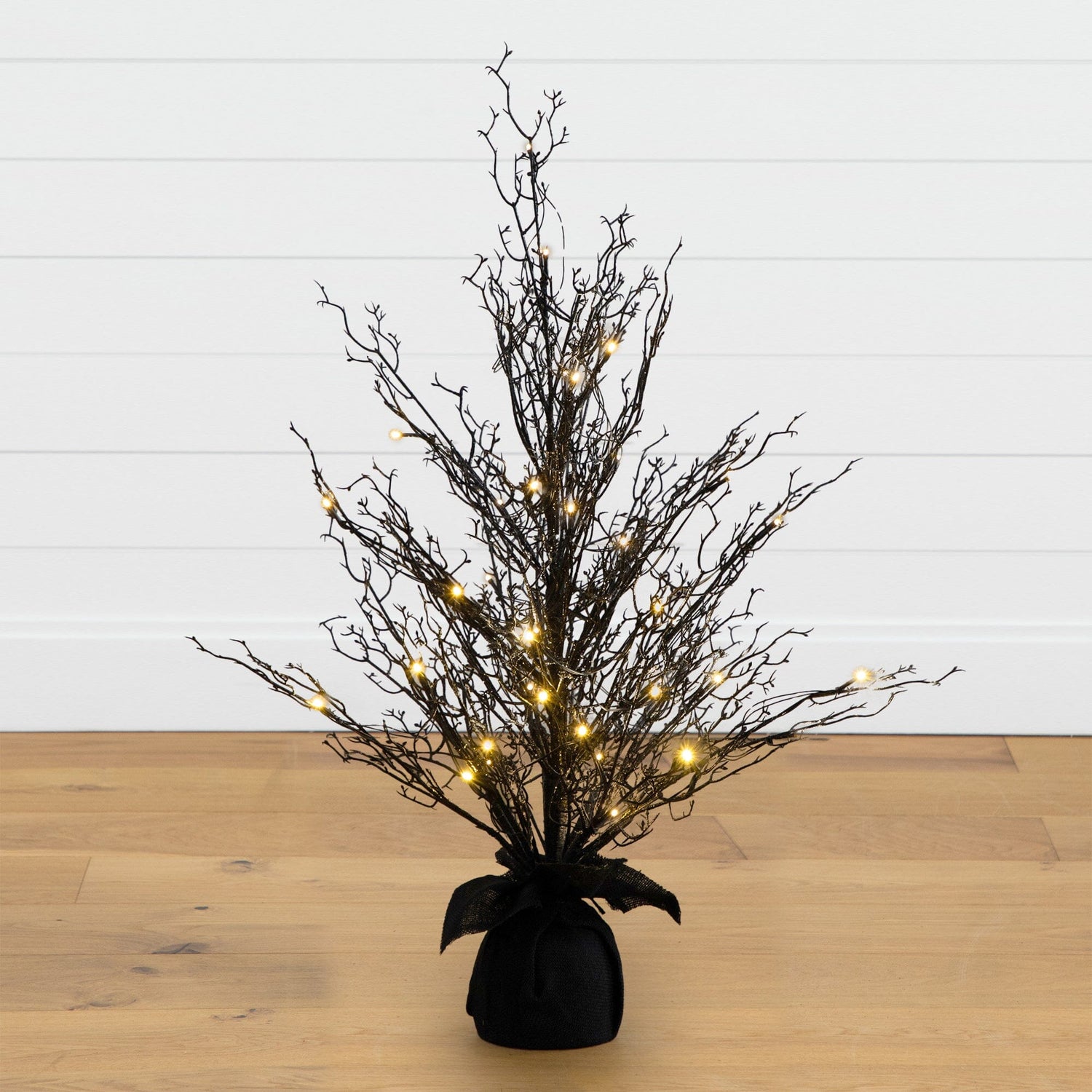 3’ Pre-Lit Halloween Black Twig Artificial Fall Tree in Burlap Planter with 52 Warm White LED Lights