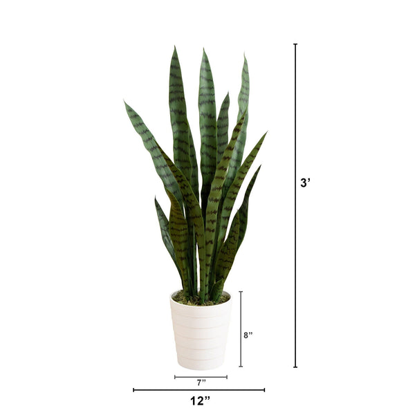 3' UV Resistant Artificial Sansevieria Plant in White Decorative Planter (Indoor/Outdoor)