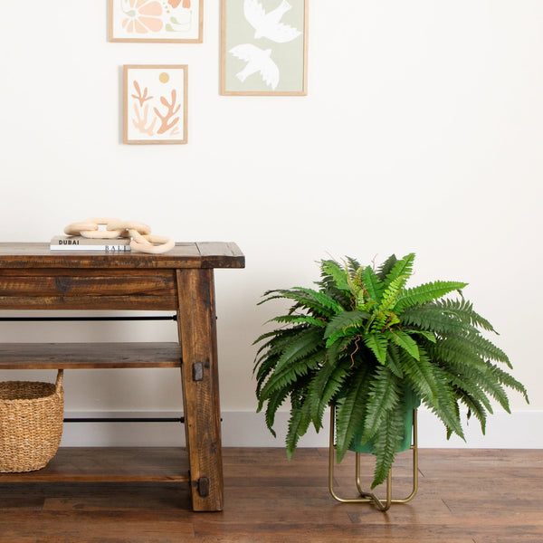 31” Artificial Boston Fern in Patina Metal Planter with Stand