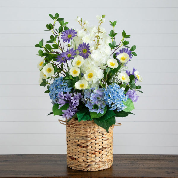 31” Artificial Mixed Flower & Hydrangea Arrangement in Hyacinth Weave Basket