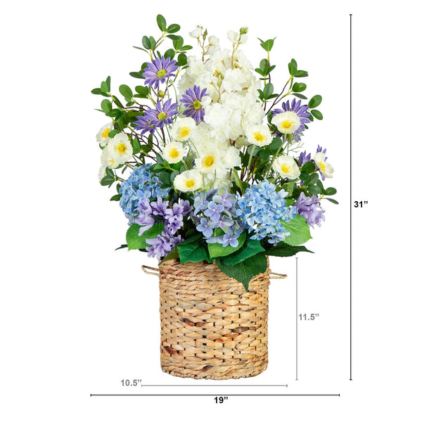 31” Artificial Mixed Flower & Hydrangea Arrangement in Hyacinth Weave Basket