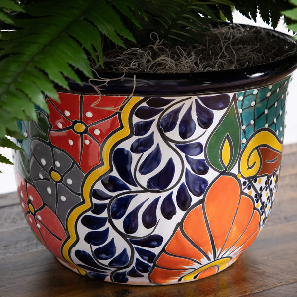 32” Artificial Double Boston Fern in Handmade Mexican Talavera Ceramic Planter