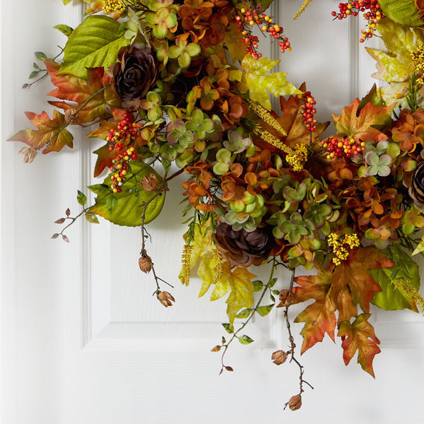 32” Fall Hydrangea, Ranunculus and Maple Leaf Autumn Artificial Wreath