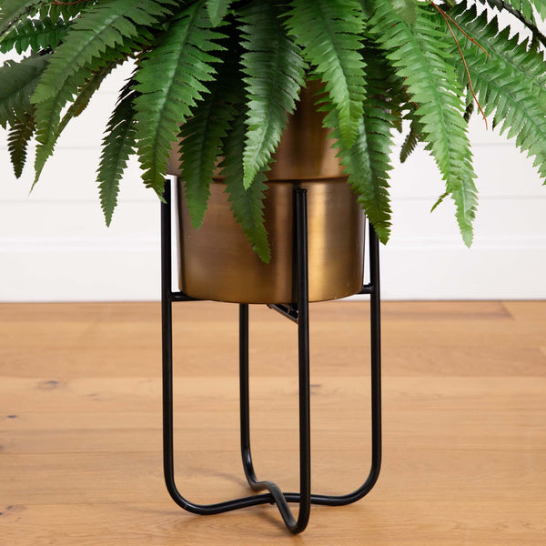 35” Artificial Boston Fern in Brass Metal Planter with Stand