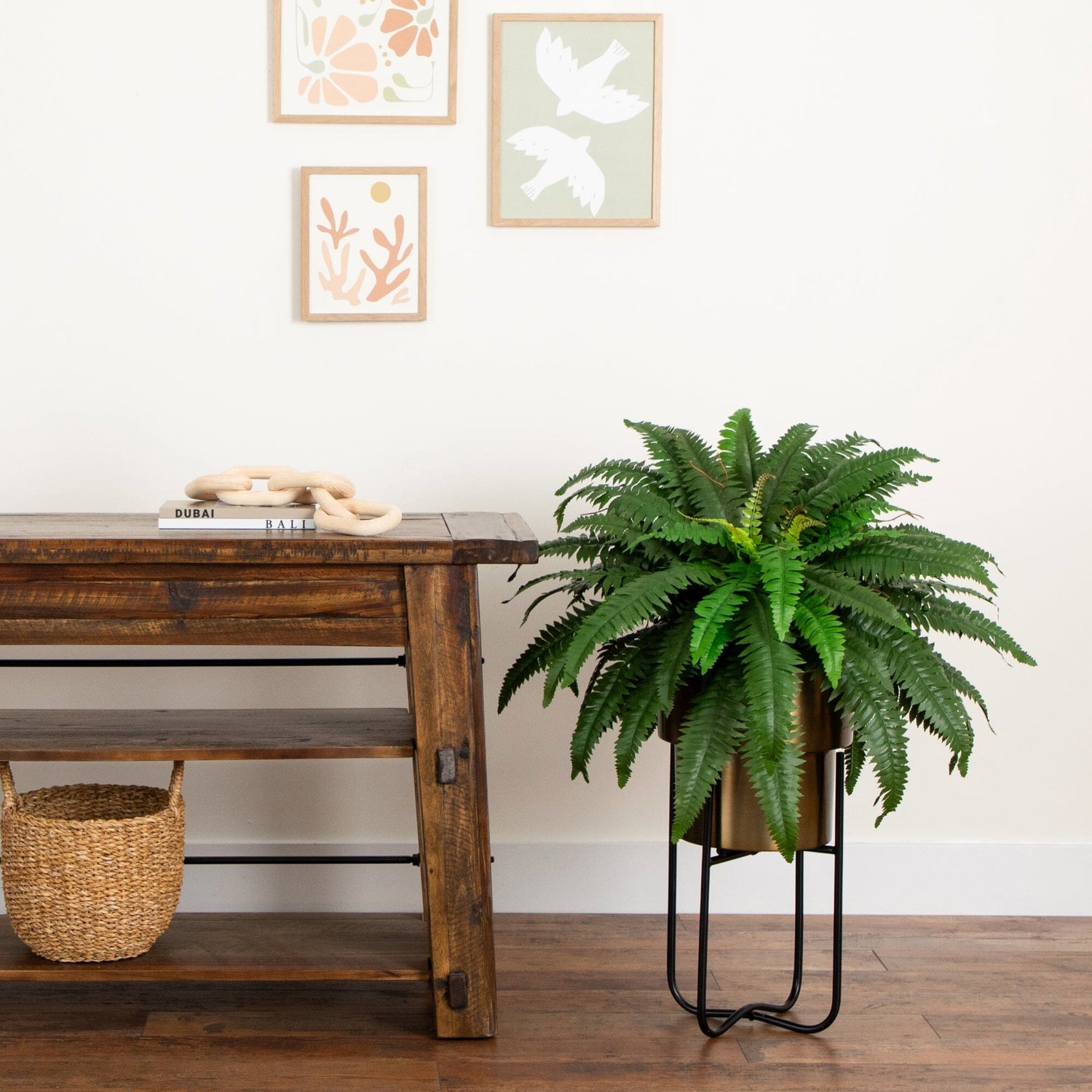 35” Artificial Boston Fern in Brass Metal Planter with Stand