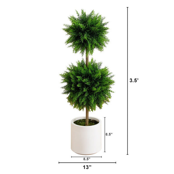 3.5’ UV Resistant Artificial Cedar Double Ball Topiary Tree in White Decorative Planter