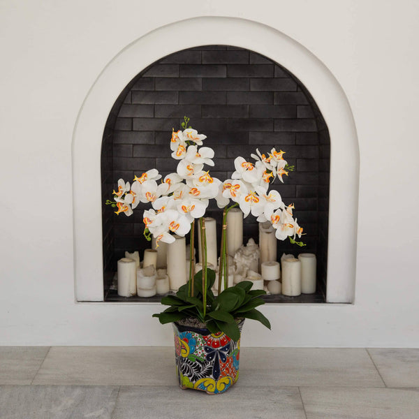 36” Artificial Large Orchid Arrangement in Handmade Mexican Talavera Ceramic Planter