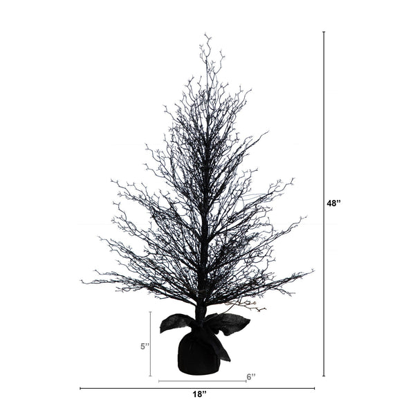 4’ Pre-Lit Halloween Black Twig Artificial Fall Tree in Burlap Planter with 63 Warm White LED Lights