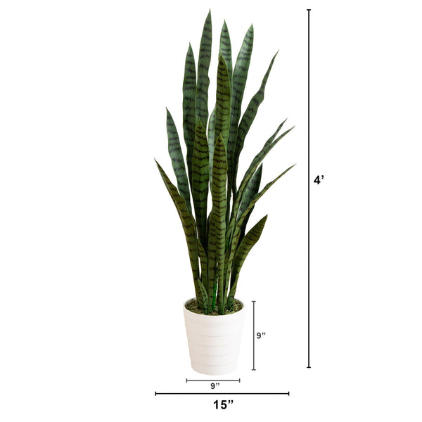 4’ UV Resistant Artificial Sansevieria Plant in White Decorative Planter (Indoor/Outdoor)