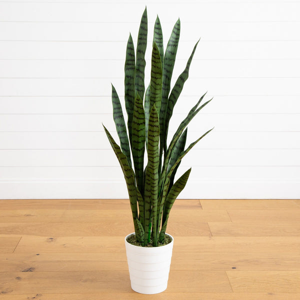 4’ UV Resistant Artificial Sansevieria Plant in White Decorative Planter (Indoor/Outdoor)