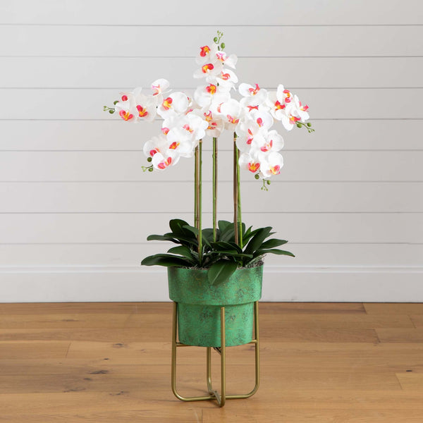 43” Artificial Orchid Arrangement in Patina Metal Planter with Stand