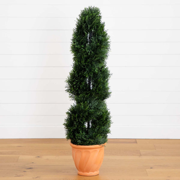 4.5’ Double Cypress Topiary Artificial Tree in Terracotta Planter (Indoor/Outdoor)