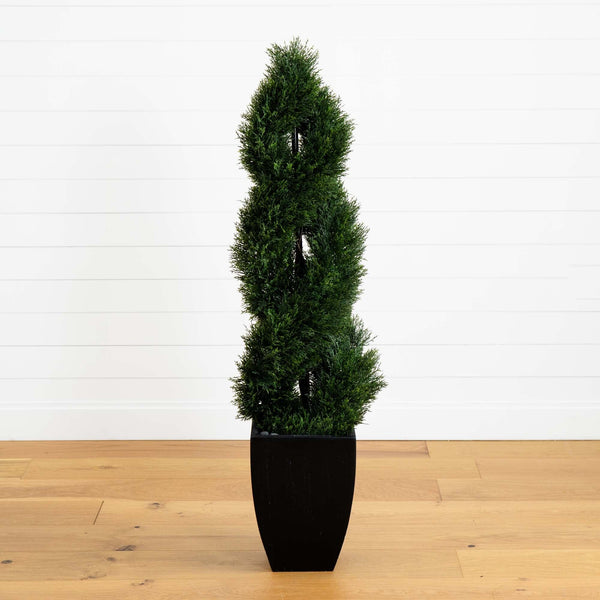 5’ Double Cypress Spiral Topiary Artificial Tree in Black Planter (Indoor/Outdoor)