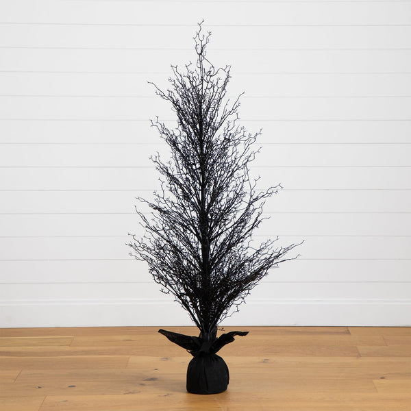 5’ Pre-Lit Halloween Black Twig Artificial Fall Tree in Burlap Planter with 85 Warm White LED Lights