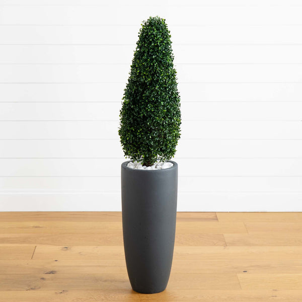 50” Boxwood Topiary with Gray Cylindrical Planter UV Resistant (Indoor/Outdoor)