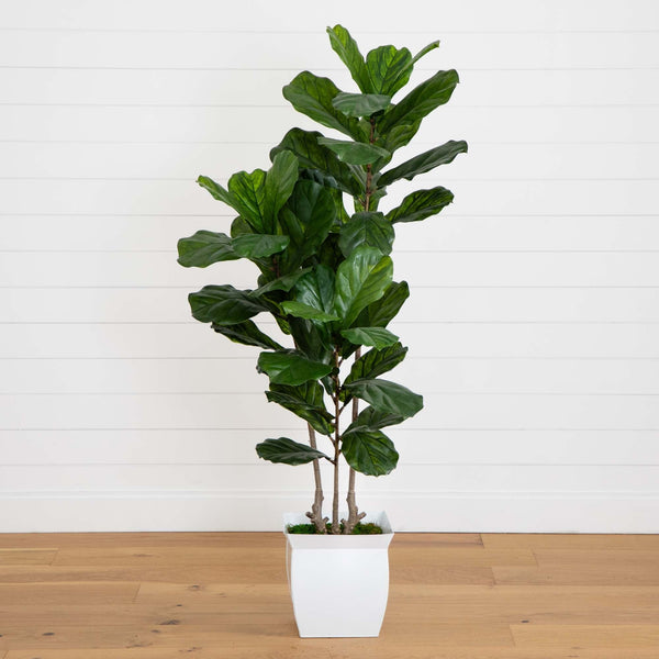 5.5’ Fiddle Leaf Artificial Tree in White Metal Planter(Indoor/Outdoor)