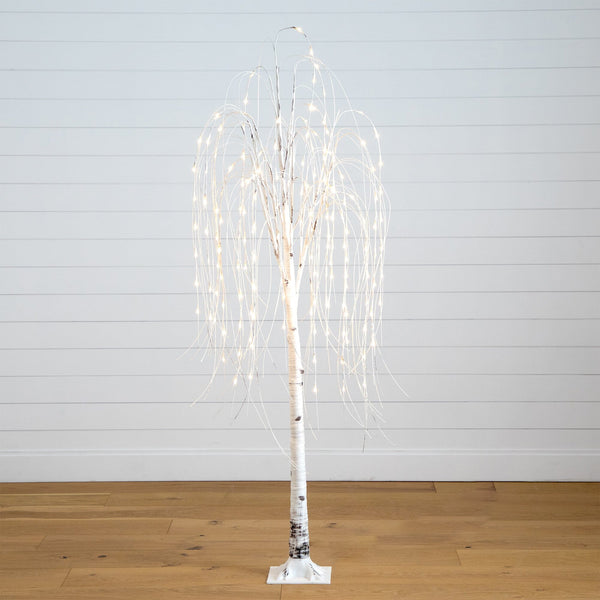 6’ Pre-Lit Artificial White Weeping Willow Tree with 160 Warm White LED Lights