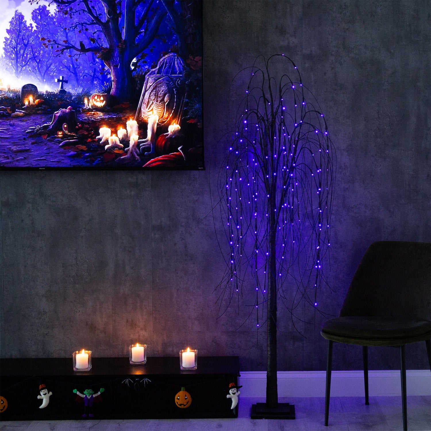 6’ Pre-Lit Halloween Black Willow Artificial Fall Tree with 160 Orange & Purple LED Lights