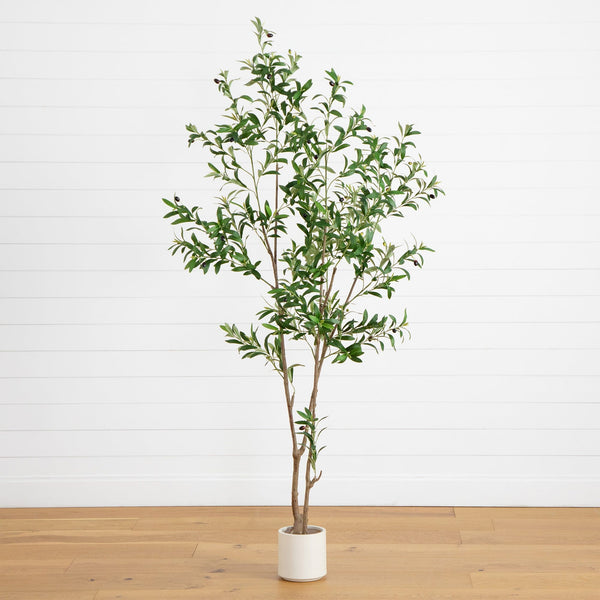 7’ Artificial Minimalist Olive Tree in White Decorative Planter