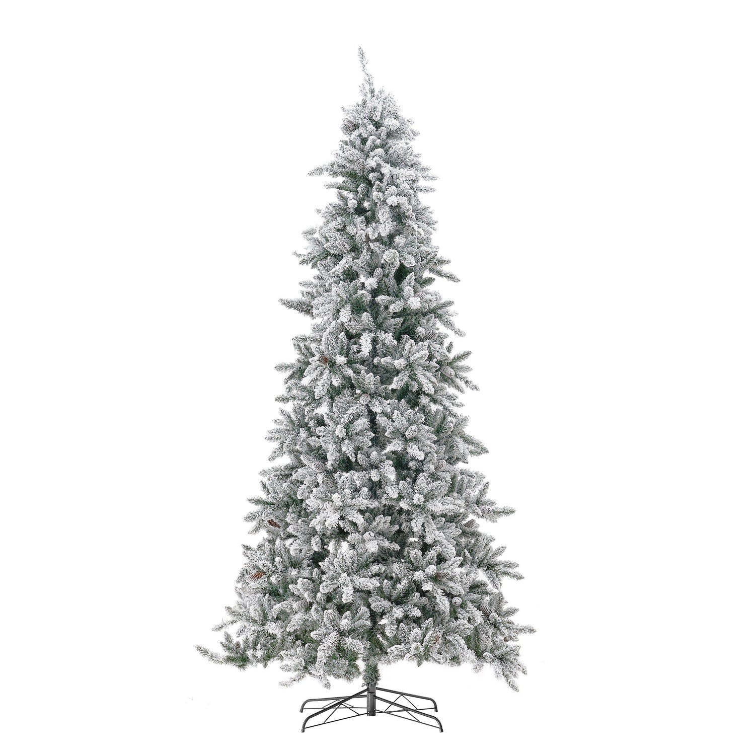 10’ Flocked Livingston Fir Artificial Christmas Tree with Pine Cones, 750 Clear Warm LED Lights and 2424 Bendable Branches