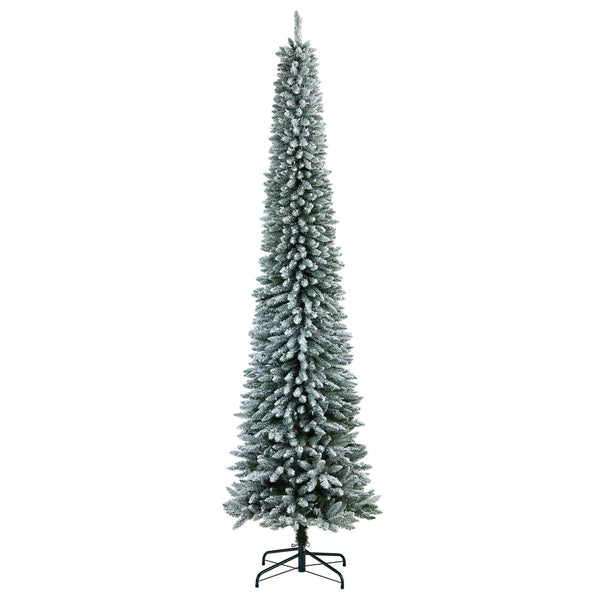 10’ Flocked Pencil Artificial Christmas Tree with 700 Clear Lights and 1145 Bendable Branches